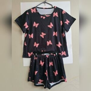 Black and Pink Butterfly Print Women's Pajama Set